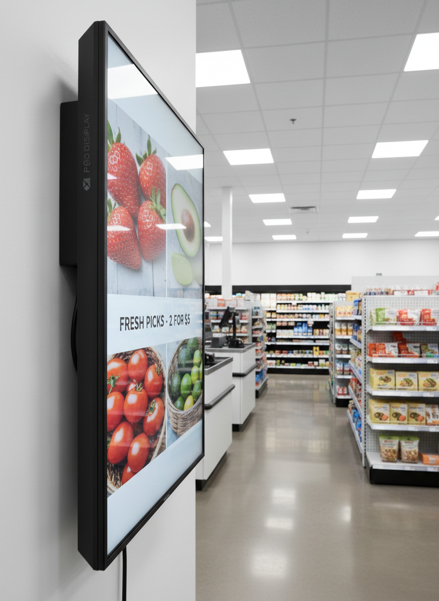 A slim black digital signage box, featuring a matte soft-touch finish and discrete embossed branding, seamlessly integrated into the corner of a grocery store’s checkout area. The device is connected to a high-resolution screen displaying dynamic promotional content for fresh produce. Polished concrete floors and bright, neutral shelving systems surround the space, with overhead, evenly distributed LED lighting bathing the scene in consistent, shadow-free illumination. Shot from a low side angle focusing on the device and signage, the image employs centered composition and sharp detail, conveying a sense of understated innovation, orderliness, and practical implementation for SME retail environments.