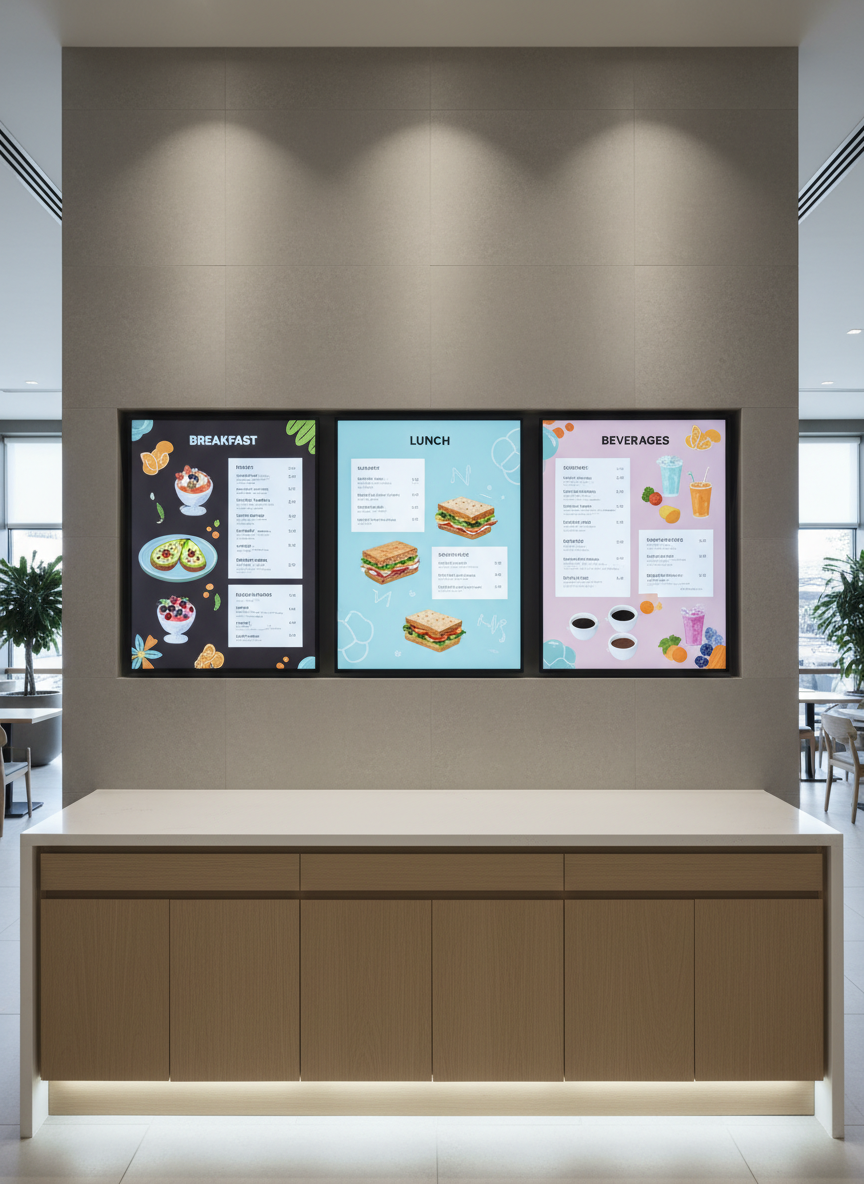 A trio of large format digital displays, each featuring crisp, vibrant menu boards, mounted flush against a neutral stone wall in a modern restaurant interior. Below the screens, a spotless quartz countertop and subtle under-cabinet LED accent lighting create a bright, inviting atmosphere. The digital content is sharp and colorful but carefully balanced to avoid visual clutter. Lighting is even and cool-toned, with gentle highlights reflecting off the sleek surfaces, ensuring a spotless and professional look. Photographed at eye level, with the framing emphasizing symmetry and order, the mood projects clarity, efficiency, and contemporary style – perfect for business contexts seeking to showcase their dynamic digital signage capabilities.