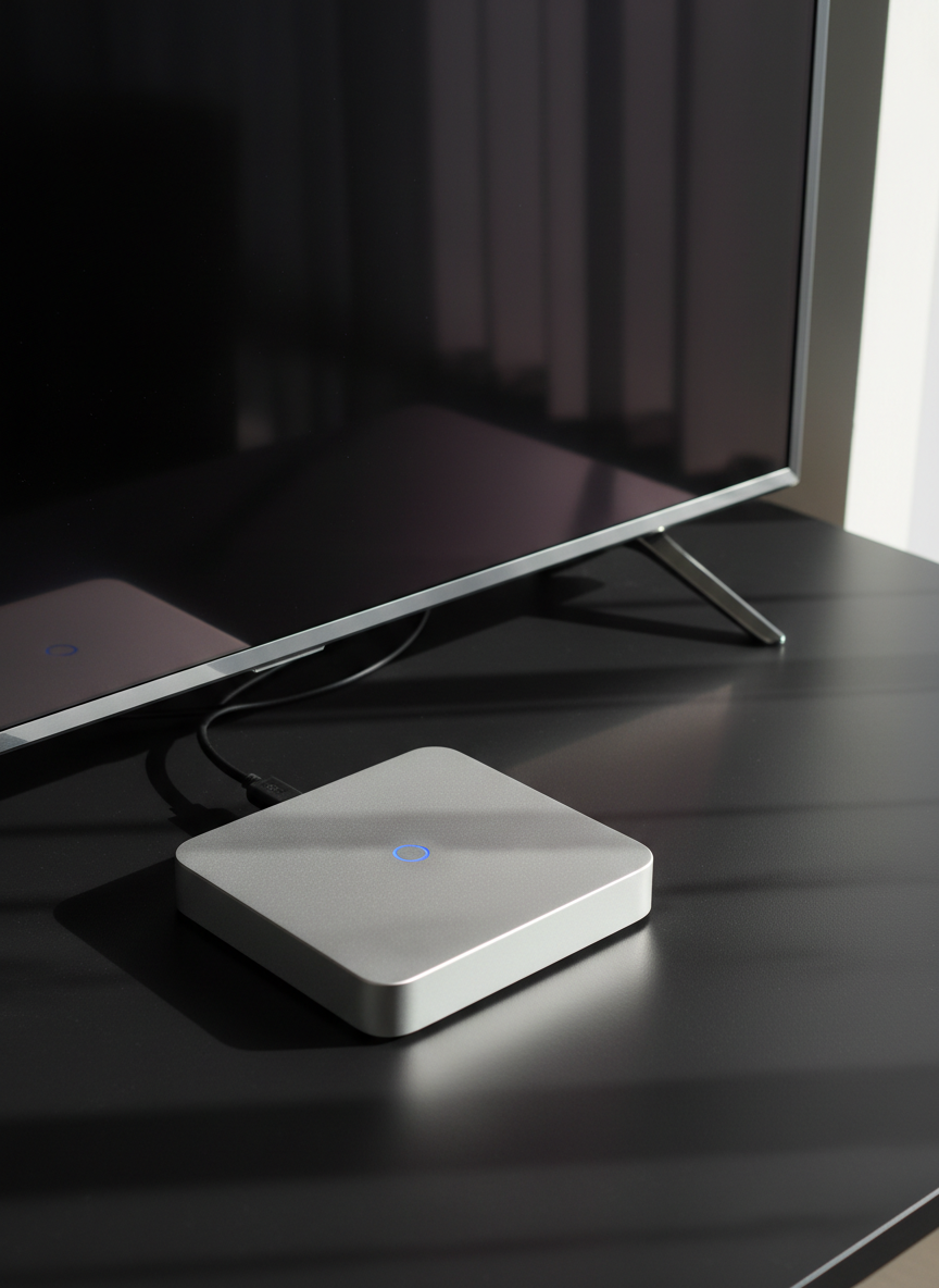 A sleek, brushed aluminum digital signage device with a subtle LED indicator, perfectly rectangular with rounded edges, rests neatly beside a high-definition HDMI display. The table surface is smooth matte black, with organized cables tucked discreetly behind. Soft, diffused daylight filters in from an unseen window, casting delicate shadows and creating gentle reflections along the device’s clean metal surface. The scene feels orderly and professional, exuding a sense of high-tech reliability and sophistication. Captured from a slightly elevated, three-quarters angle with sharp focus throughout, the minimalistic composition highlights both the device and its pristine environment, reflecting a clean, photographic realist aesthetic.